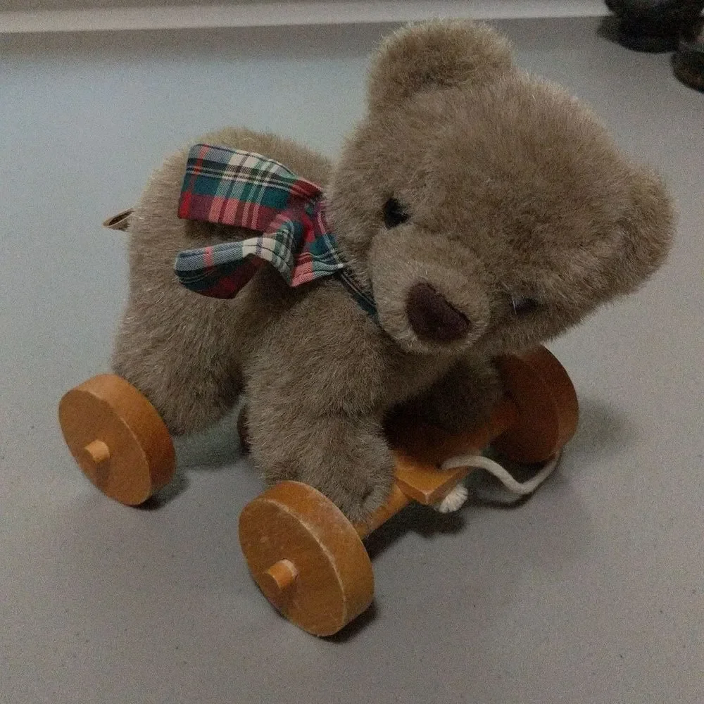 Applausse pull behind toy bear with tartan plaid scarf wheels faux fur